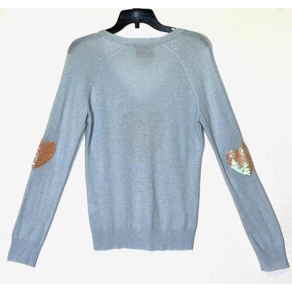 WILDFOX White Label Blue Angora blend Sequin Hearts V-Neck Sweater Top - Picture 4 of 10
